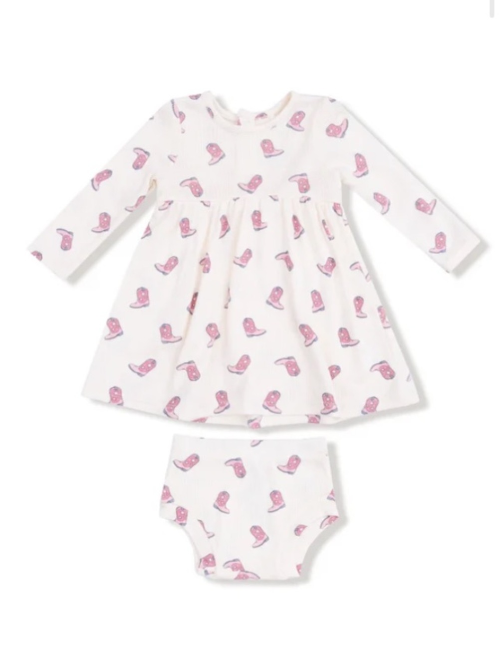 Angel Dear White Long-Sleeve Dress Pajama Set with Pink Boot Print